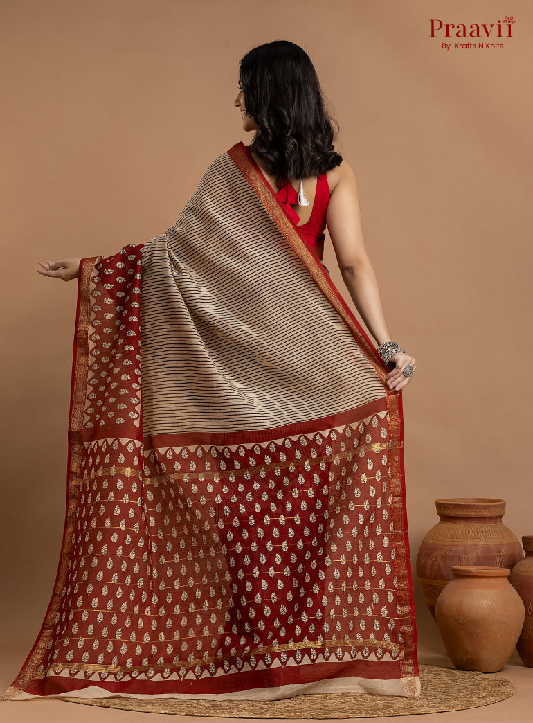 Grey & Maroon Maheshwari Silk by Cotton Hand Block Print Saree