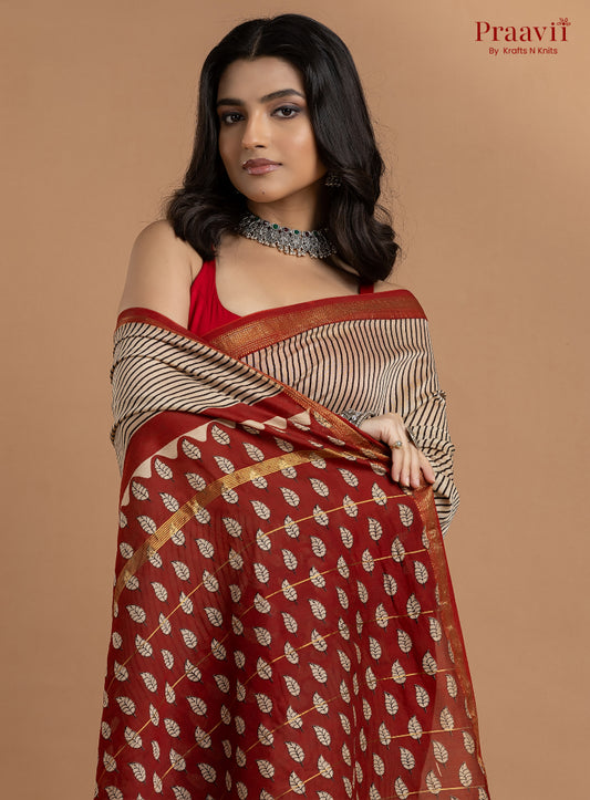 Grey & Maroon Maheshwari Silk by Cotton Hand Block Print Saree