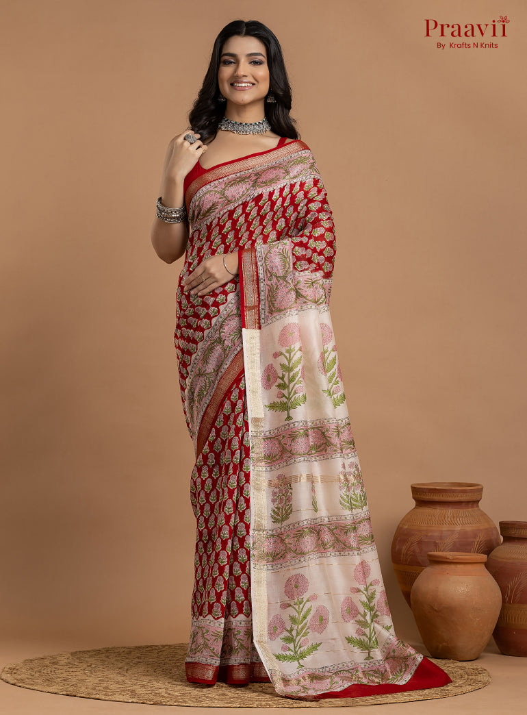 Red Maheshwari Silk by Cotton Hand Block Print Saree