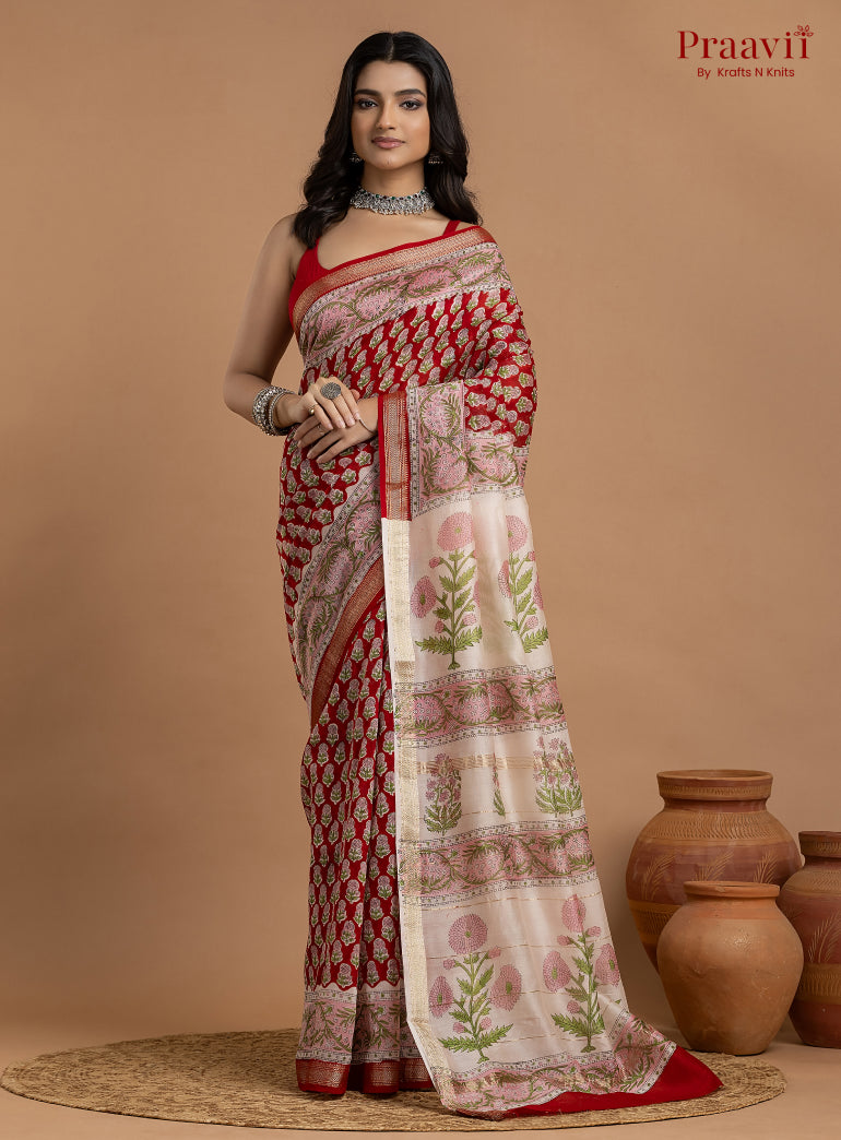 Red Maheshwari Silk by Cotton Hand Block Print Saree