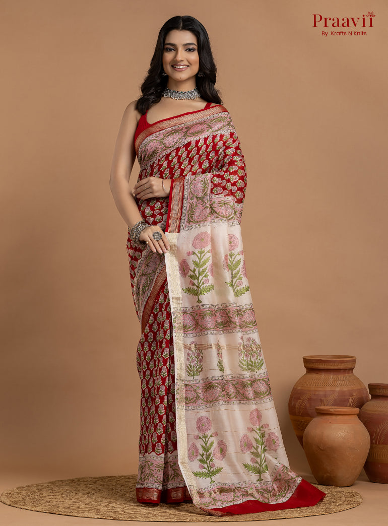 Red Maheshwari Silk by Cotton Hand Block Print Saree