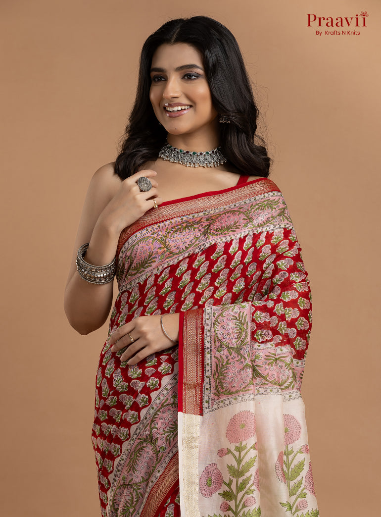 Red Maheshwari Silk by Cotton Hand Block Print Saree