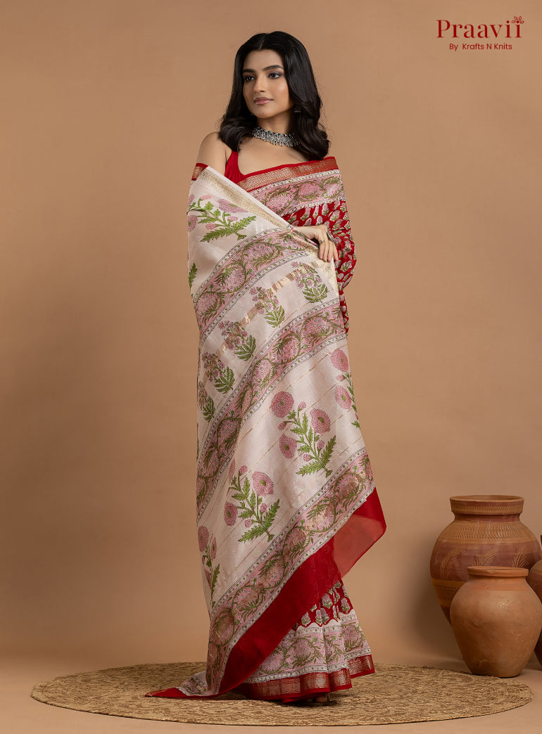 Red Maheshwari Silk by Cotton Hand Block Print Saree