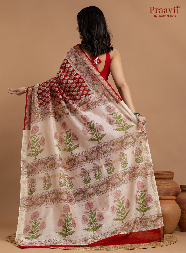 Red Maheshwari Silk by Cotton Hand Block Print Saree