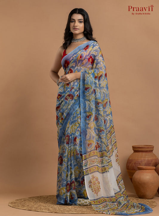 Blue Pure Chiffon Floral Hand Block Print Saree
