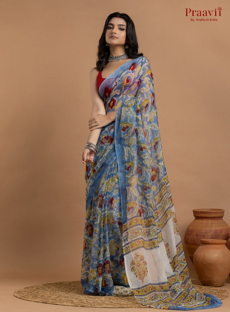 Blue Pure Chiffon Floral Hand Block Print Saree