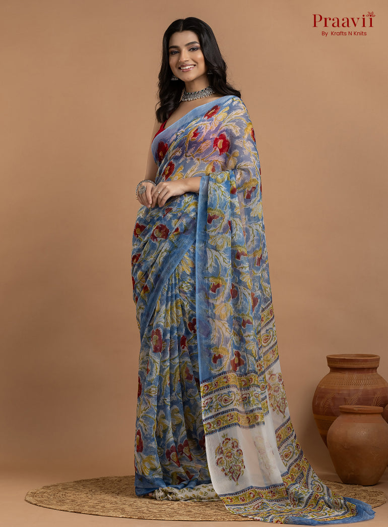 Blue Pure Chiffon Floral Hand Block Print Saree