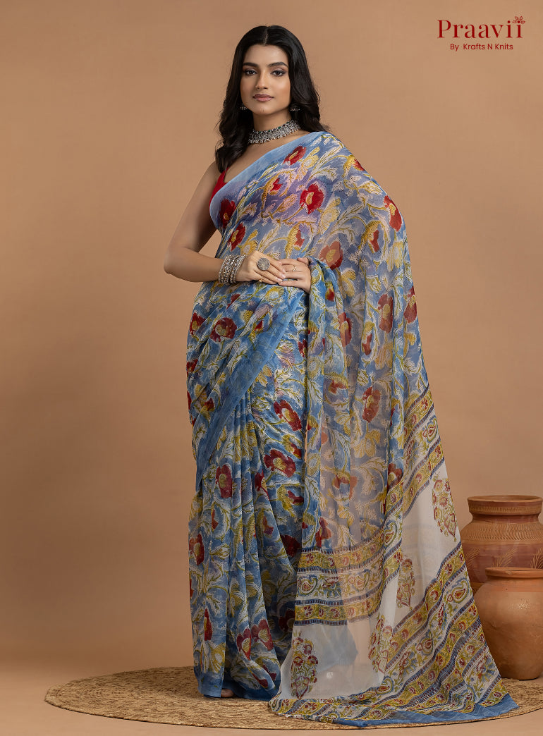 Blue Pure Chiffon Floral Hand Block Print Saree