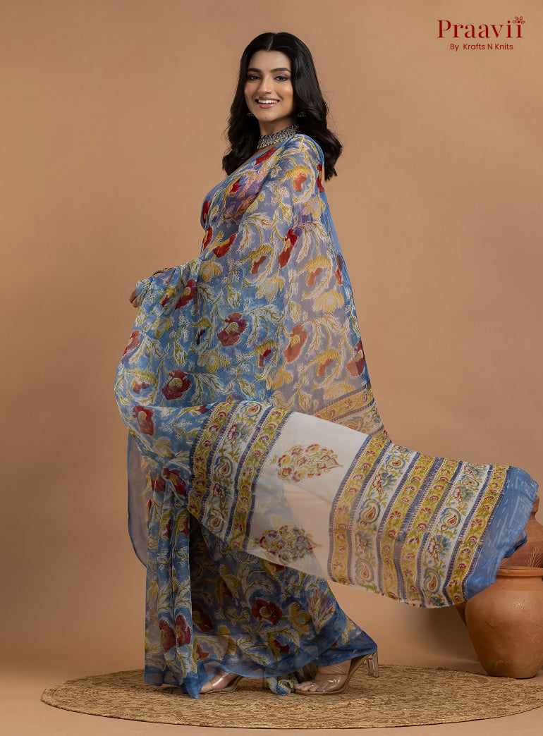 Blue Pure Chiffon Floral Hand Block Print Saree