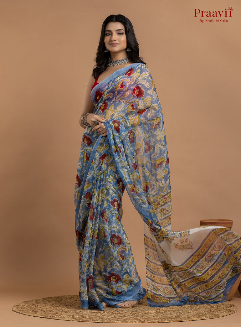 Blue Pure Chiffon Floral Hand Block Print Saree