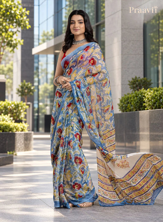 Blue Pure Chiffon Floral Hand Block Print Saree
