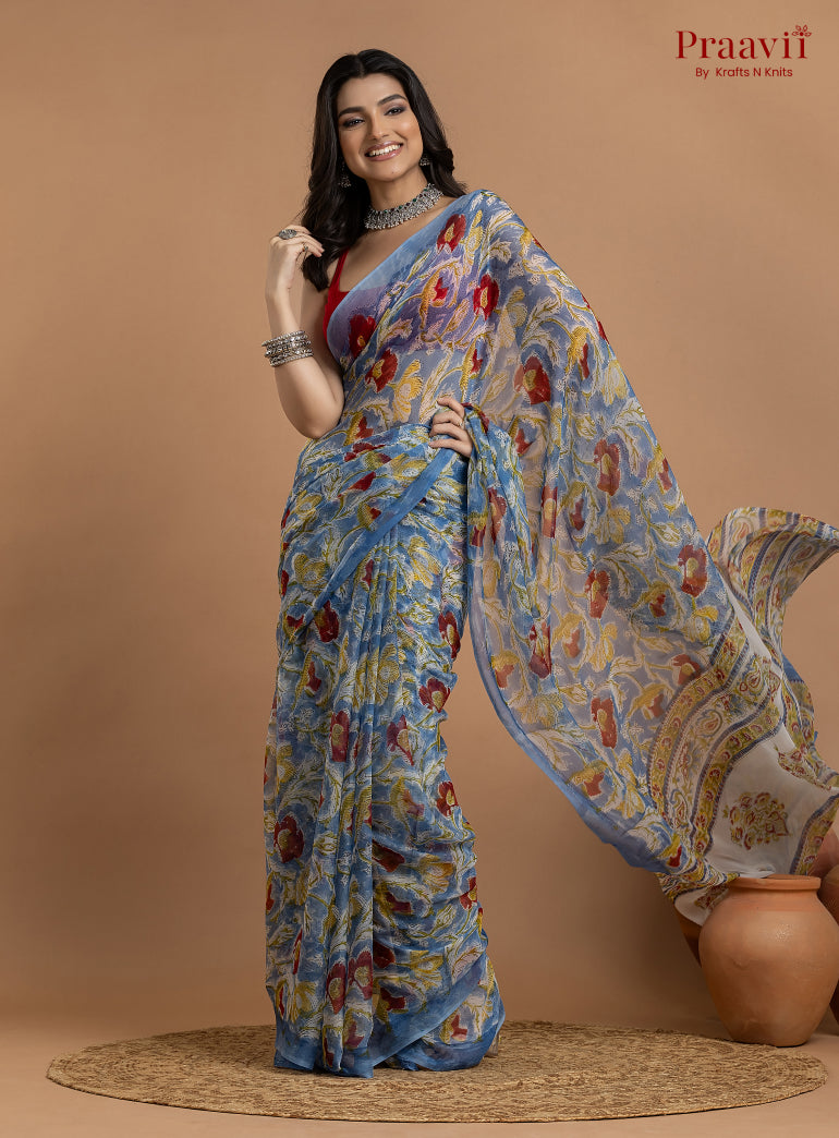 Blue Pure Chiffon Floral Hand Block Print Saree