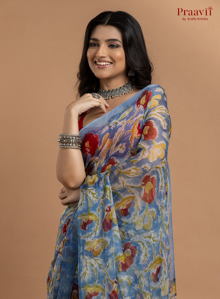 Blue Pure Chiffon Floral Hand Block Print Saree