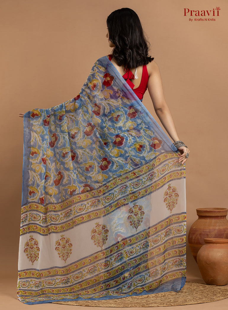 Blue Pure Chiffon Floral Hand Block Print Saree