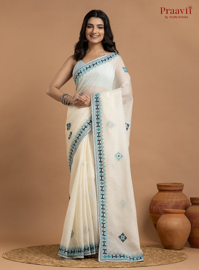 White Kota Saree with Kutch Hand Work