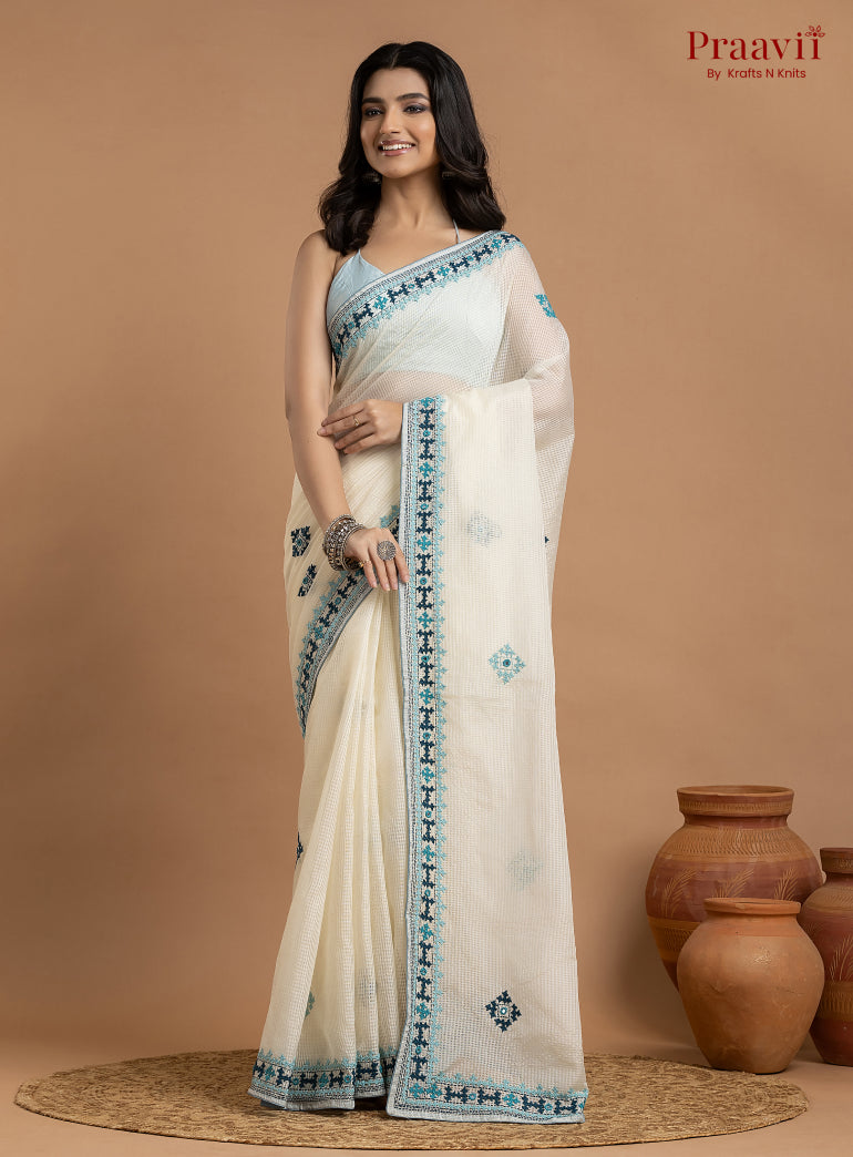 White Kota Saree with Kutch Hand Work
