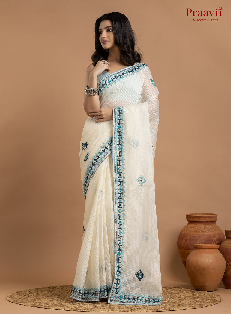 White Kota Saree with Kutch Hand Work
