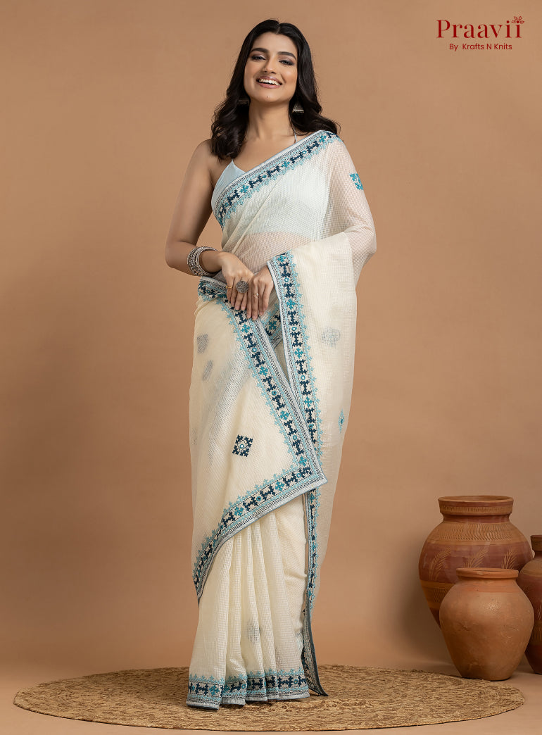 White Kota Saree with Kutch Hand Work