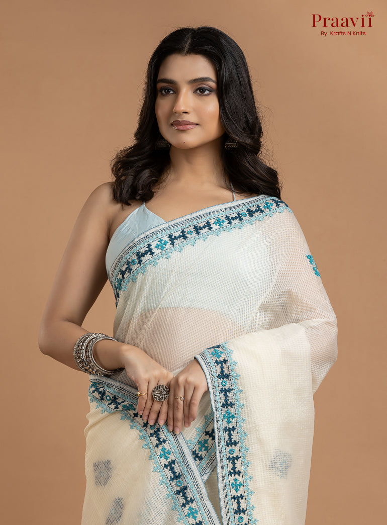 White Kota Saree with Kutch Hand Work