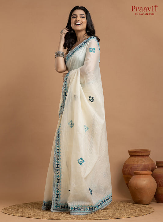 White Kota Saree with Kutch Hand Work