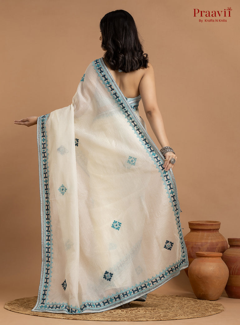 White Kota Saree with Kutch Hand Work