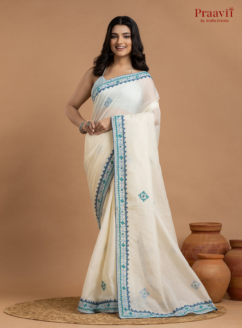 White Kota Saree with Kutch Hand Work