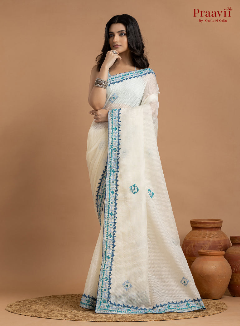 White Kota Saree with Kutch Hand Work