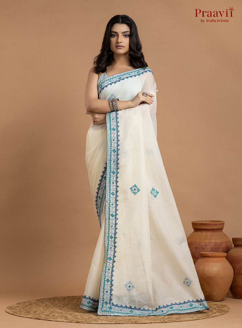 White Kota Saree with Kutch Hand Work