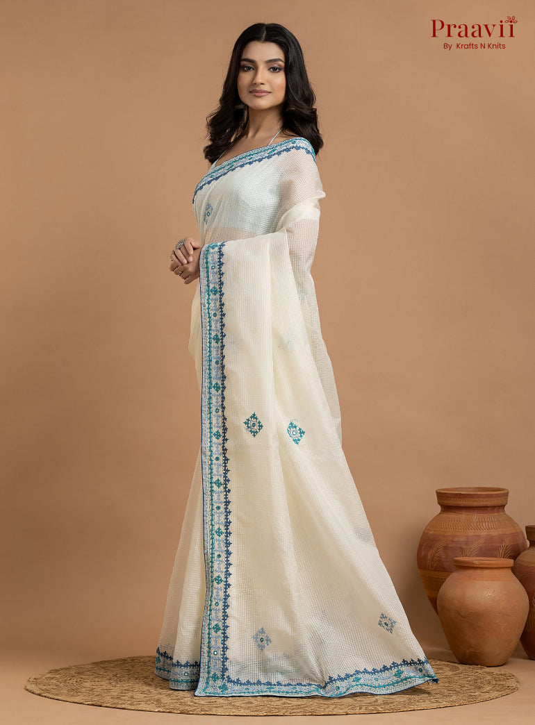 White Kota Saree with Kutch Hand Work