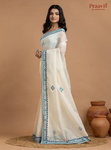 White Kota Saree with Kutch Hand Work