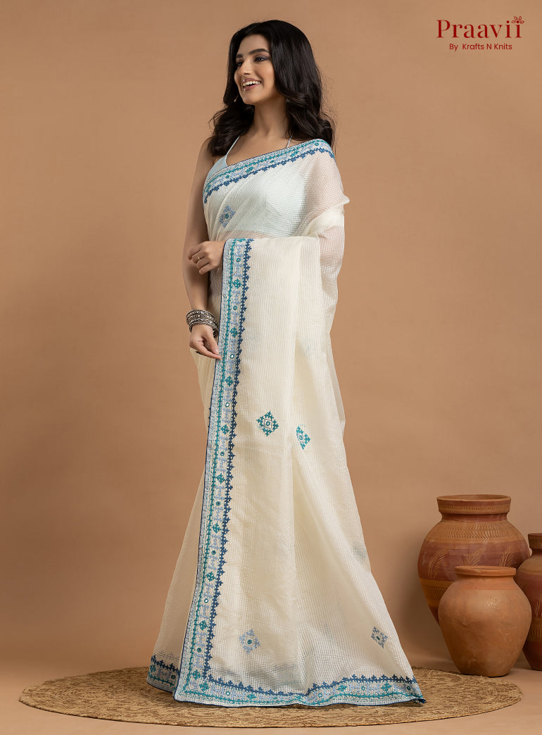 White Kota Saree with Kutch Hand Work