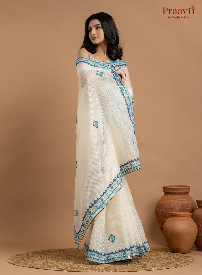 White Kota Saree with Kutch Hand Work