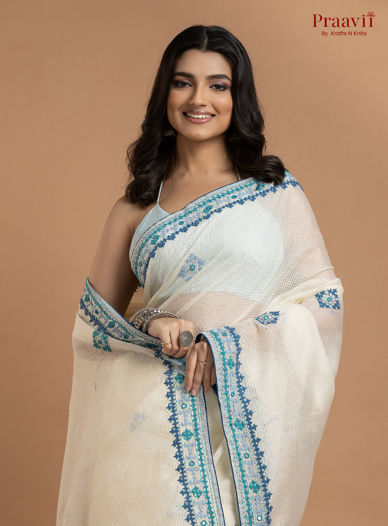 White Kota Saree with Kutch Hand Work