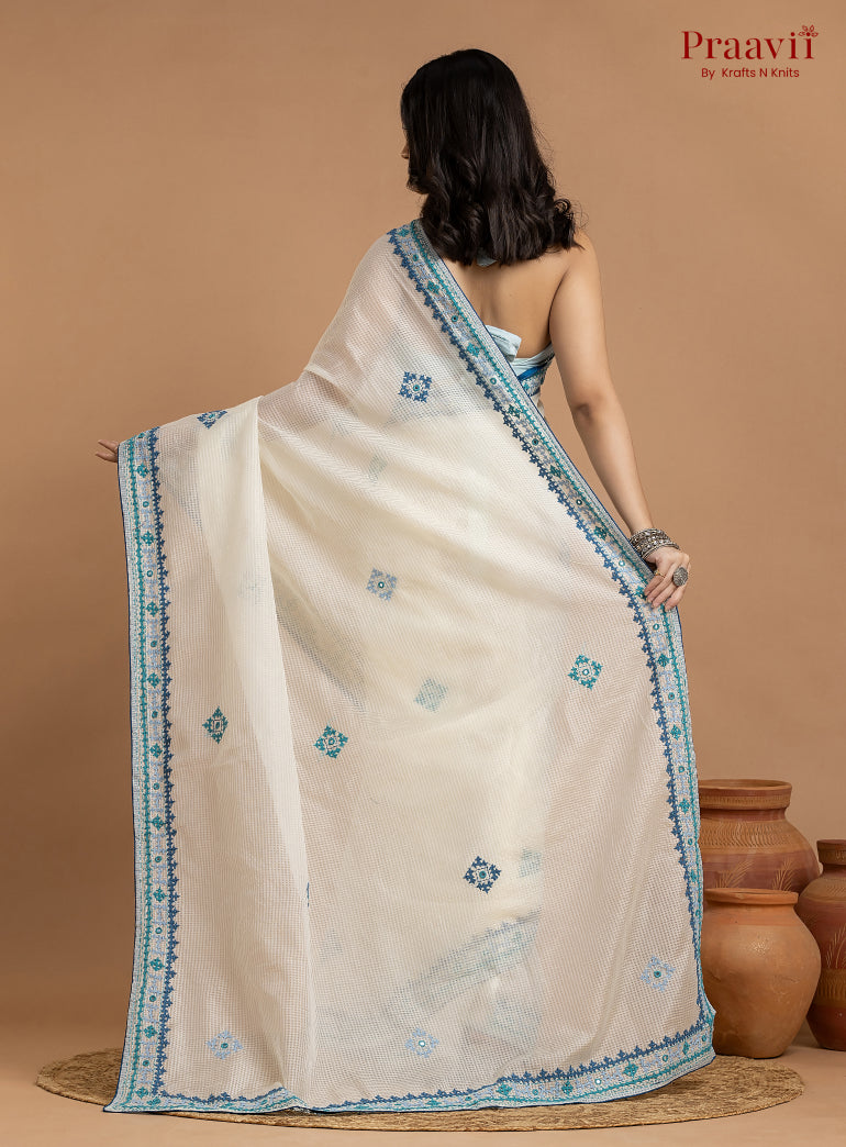 White Kota Saree with Kutch Hand Work