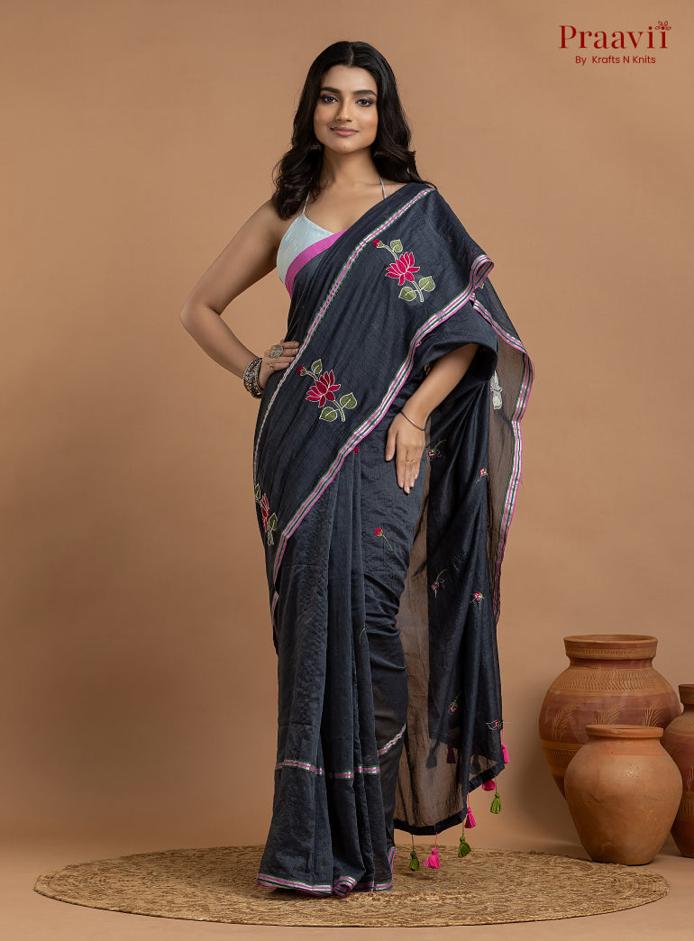Black Pure Mulmul Cotton Saree