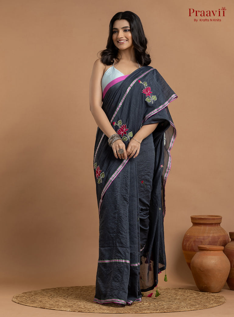 Black Pure Mulmul Cotton Saree
