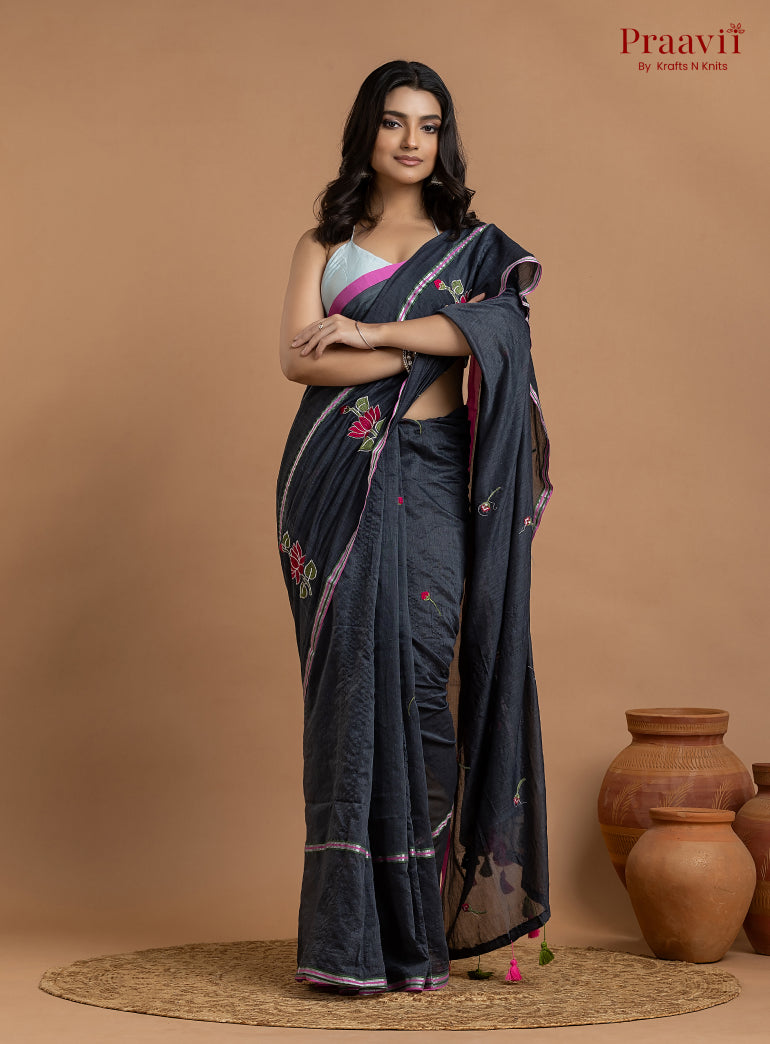 Black Pure Mulmul Cotton Saree