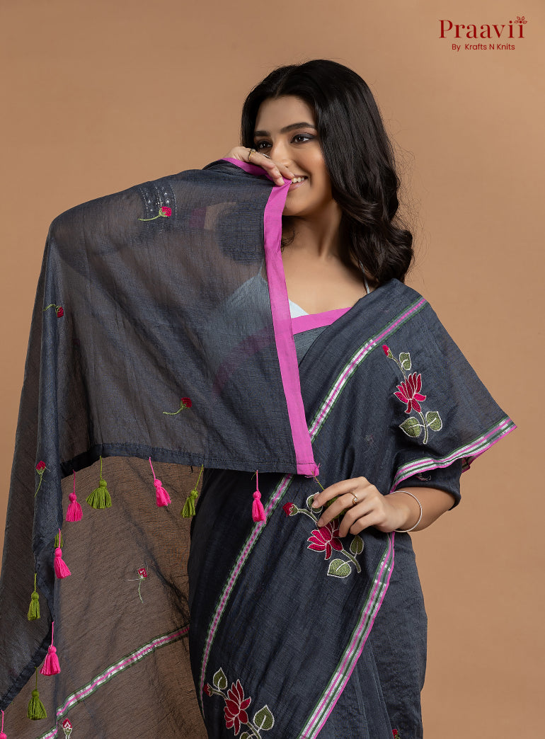 Black Pure Mulmul Cotton Saree
