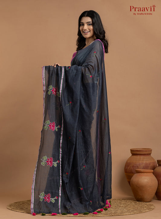 Black Pure Mulmul Cotton Saree