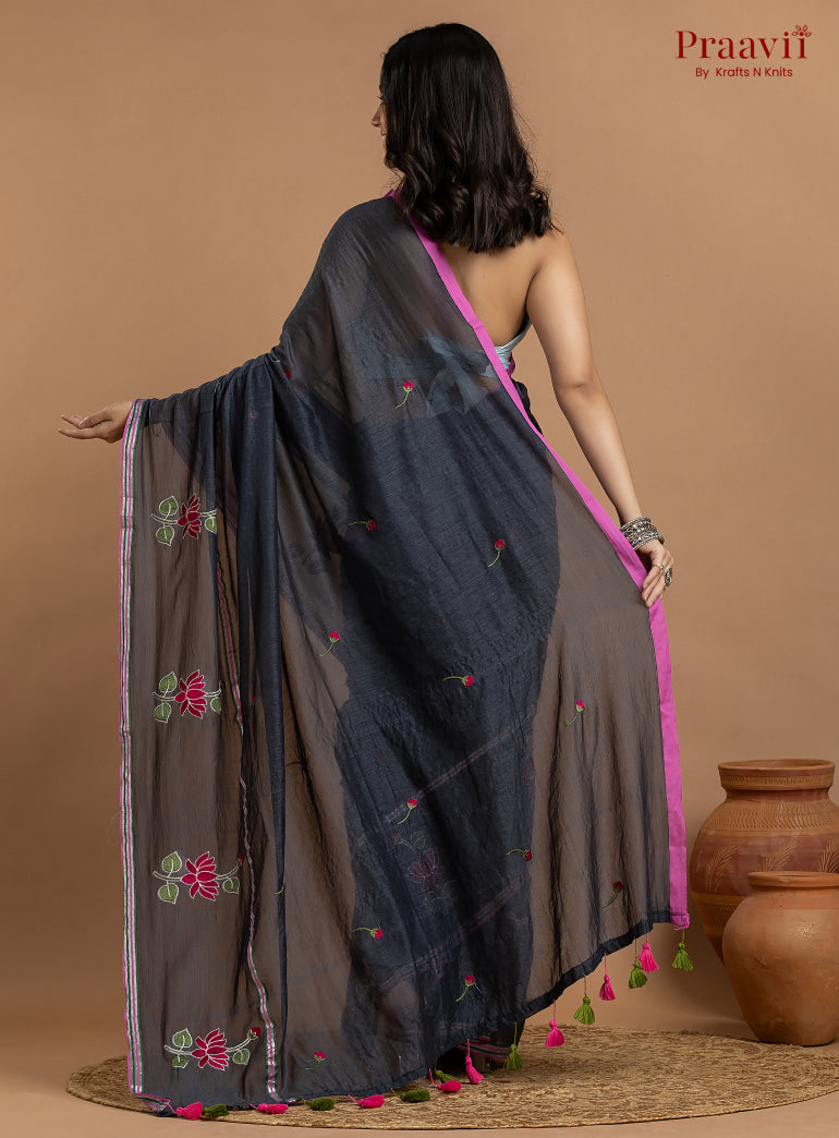 Black Pure Mulmul Cotton Saree
