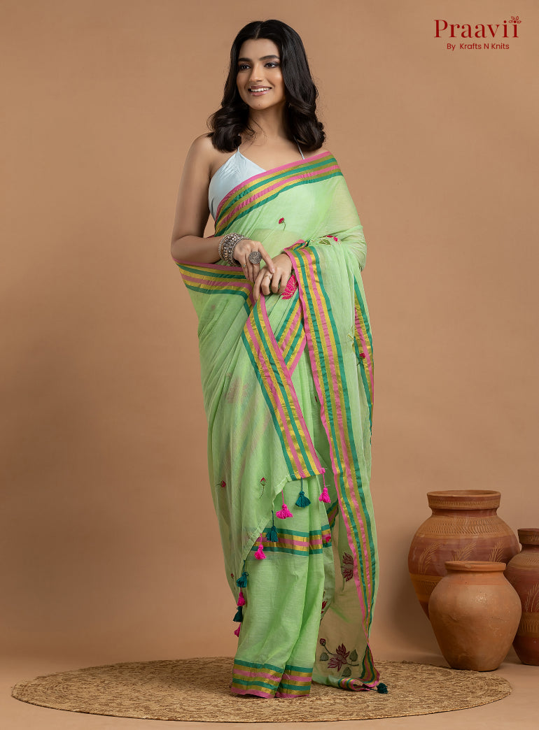 Green Pure Mulmul Cotton Saree