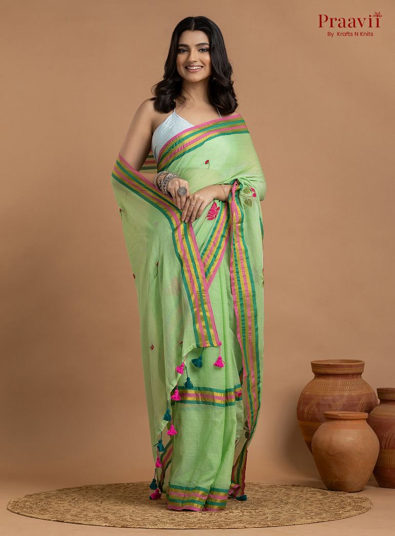 Green Pure Mulmul Cotton Saree
