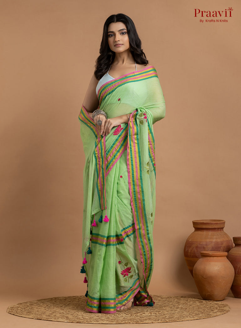 Green Pure Mulmul Cotton Saree