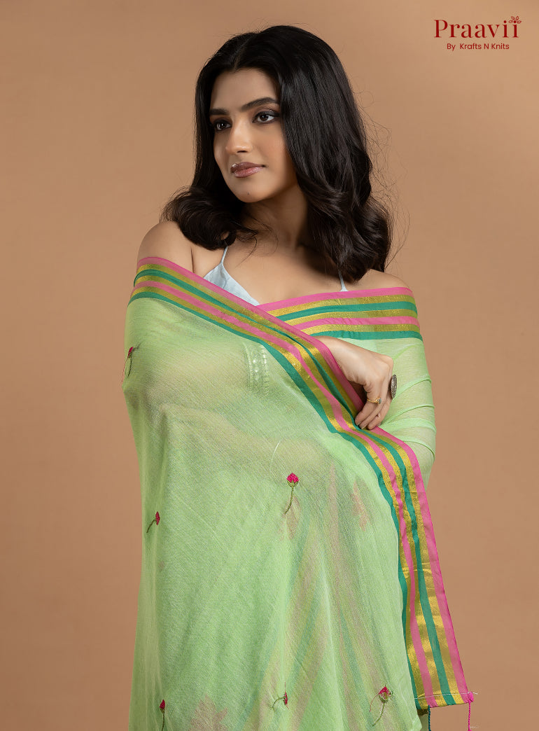 Green Pure Mulmul Cotton Saree