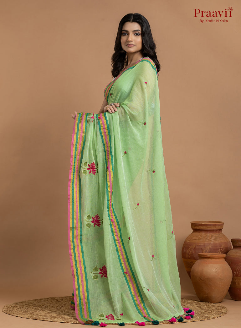Green Pure Mulmul Cotton Saree