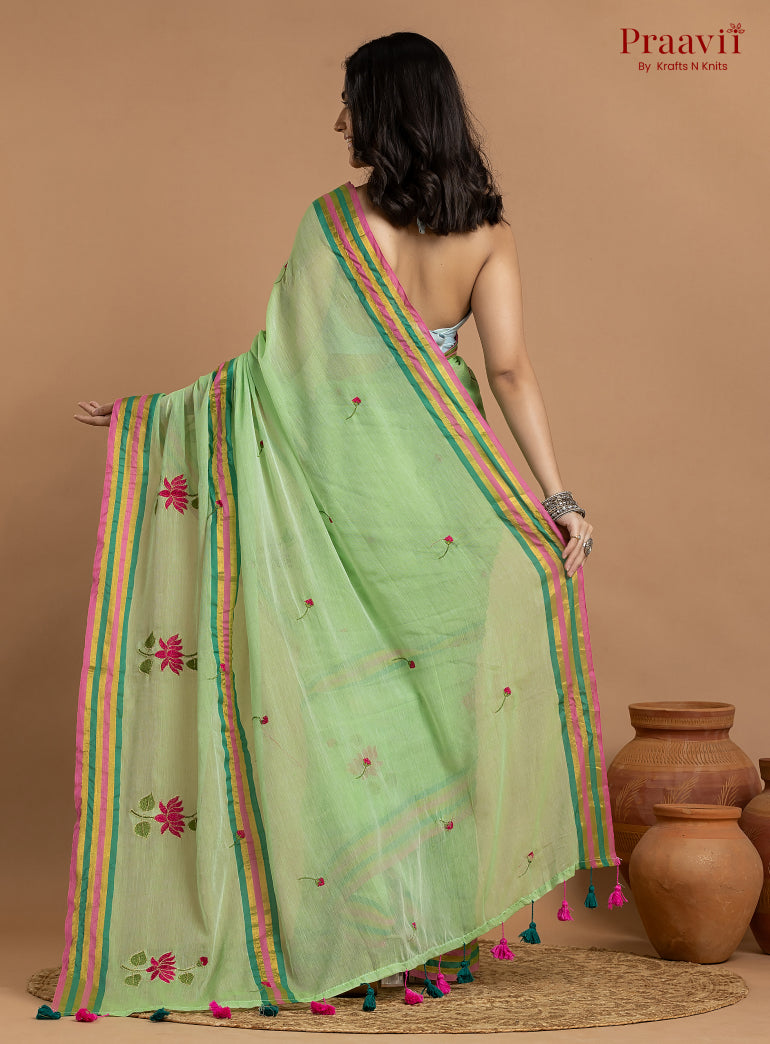 Green Pure Mulmul Cotton Saree