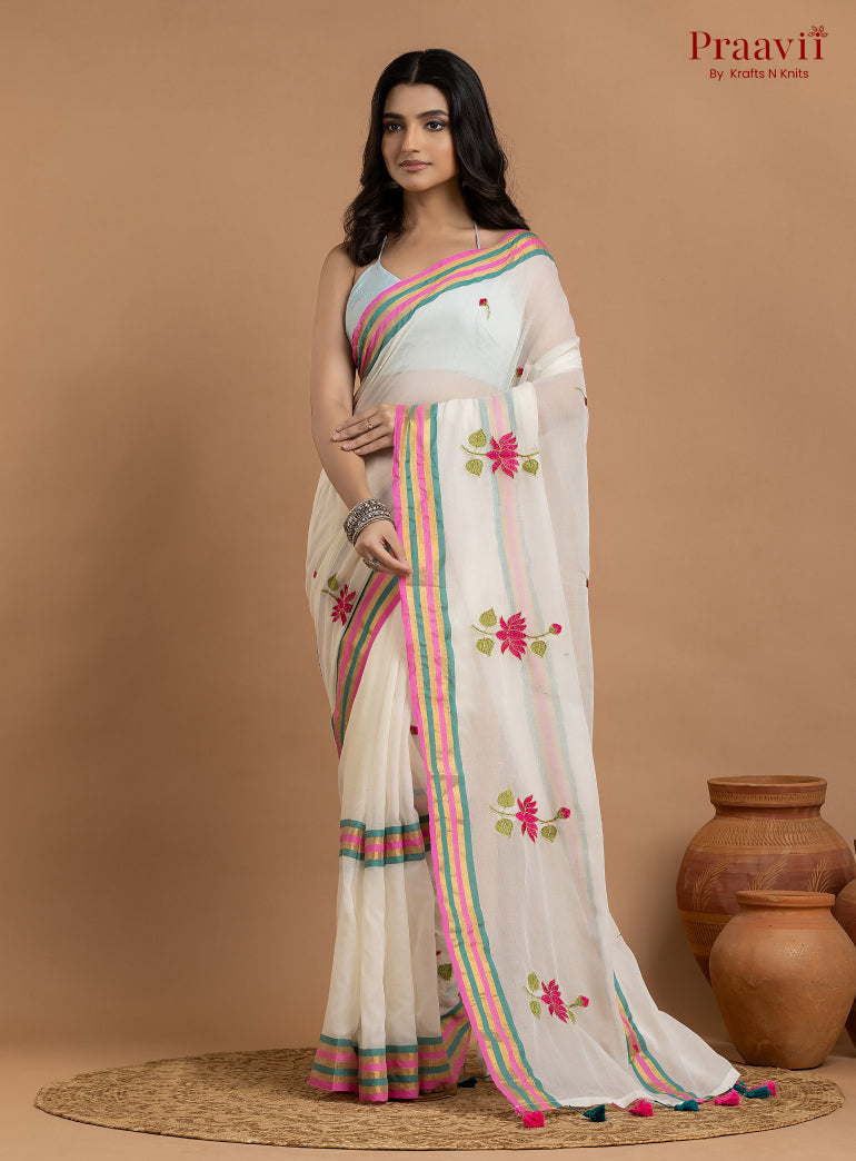 White Pure Mulmul Cotton Saree with Lotus Motifs