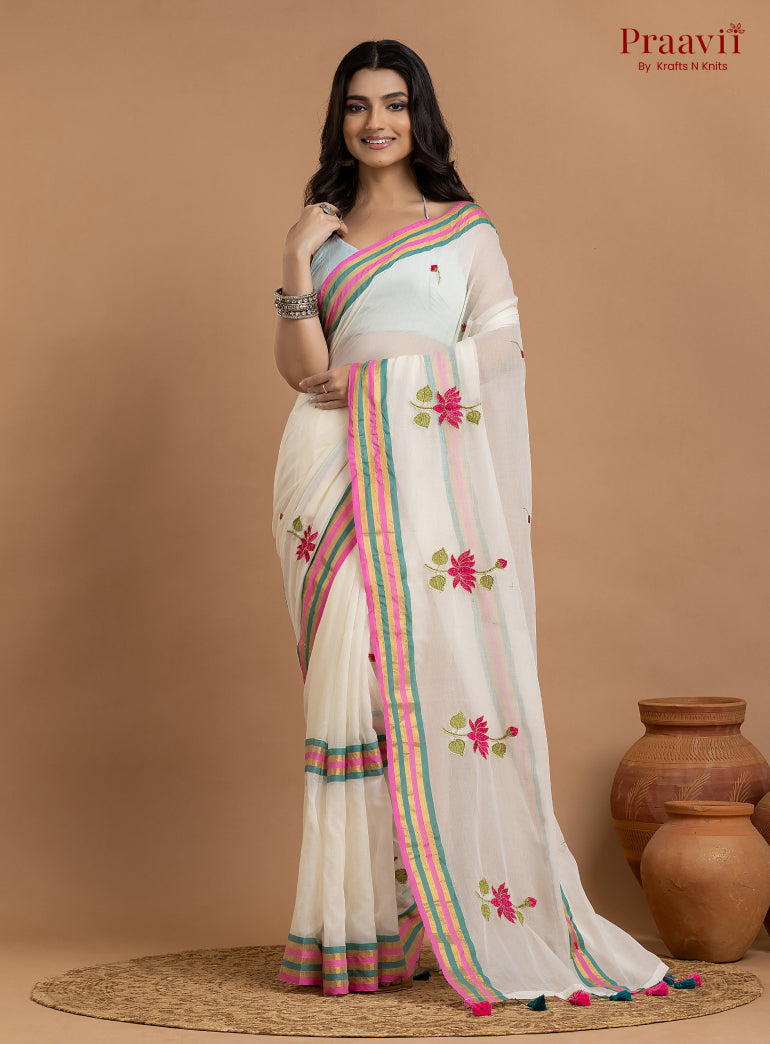 White Pure Mulmul Cotton Saree with Lotus Motifs