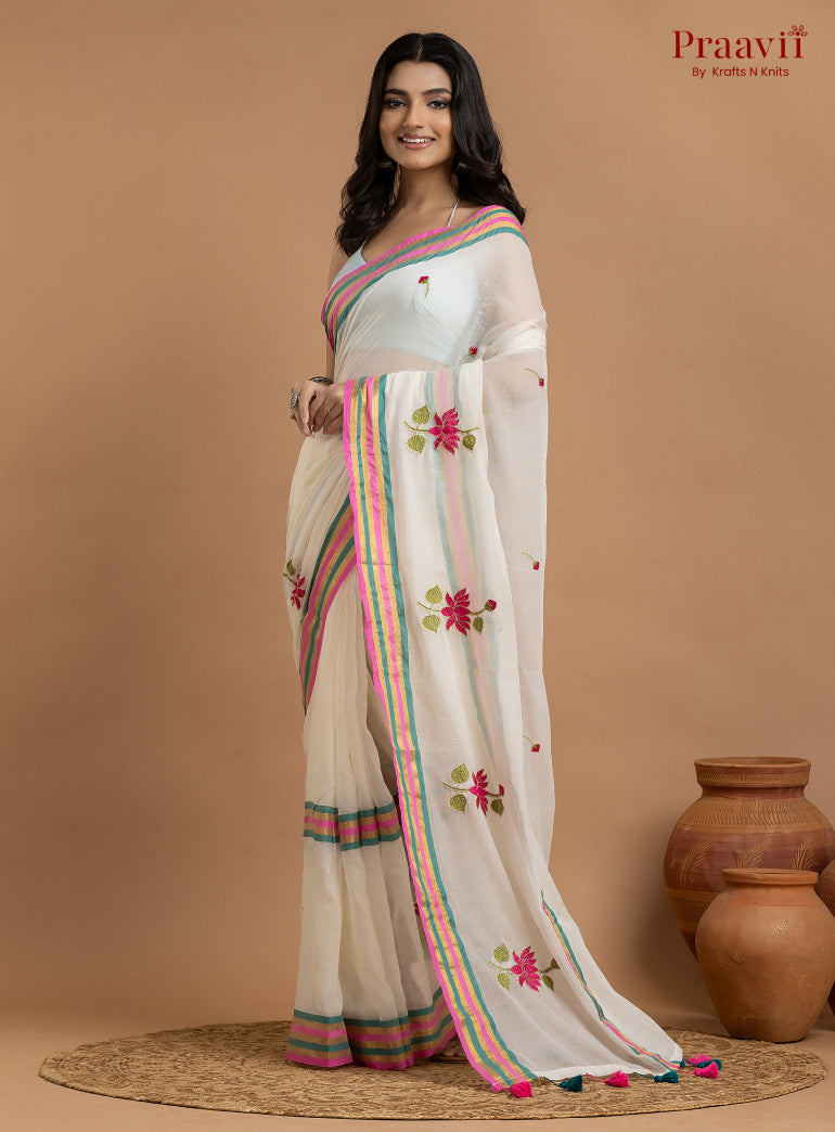White Pure Mulmul Cotton Saree with Lotus Motifs