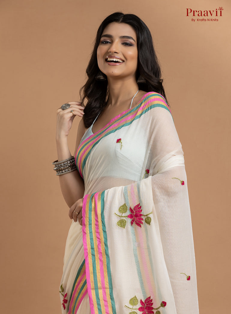 White Pure Mulmul Cotton Saree with Lotus Motifs